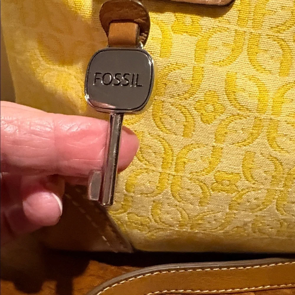 Fossil satchel Crossbody bag fabric yellow print brown leather trim 3 compart